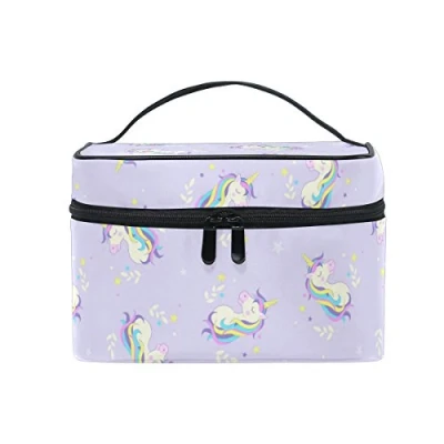 Image of Makeup Bag, Unicorn Pattern Printed Cosmetic Toiletry Storage Large Travel Handle Personalised Pouch with Compartments for Teenage Girl Women Lady Violet