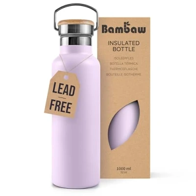 Image of Bambaw Insulated Water Bottle 1l, Purple Bottle, Stainless Steel Leakproof Metal 1l 1 Litre Hot Lavander Haze