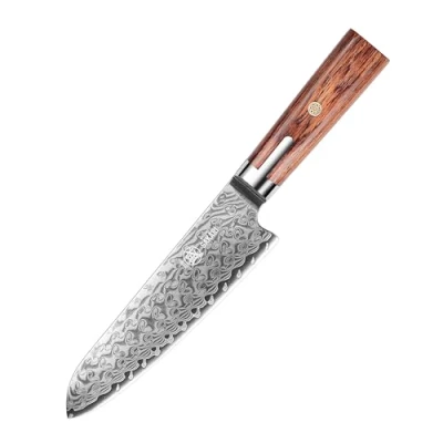 Image of MITSUMOTO SAKARI Santoku Chef&#039;s Knife, 7 inch Full Tang Kitchen Hand Forged Damascus Knife (Pakkawood Handle and Sandalwood Box)