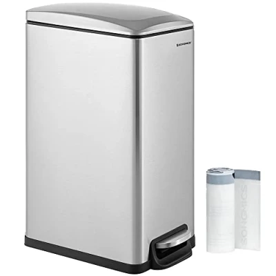 Image of SONGMICS Kitchen Bin 48L, Slim Pedal for Narrow Spaces, Rubbish and Waste with Soft Close Lid Inner Bucket, Stainless Steel, 15 Bags Included, Silver LTB510E48