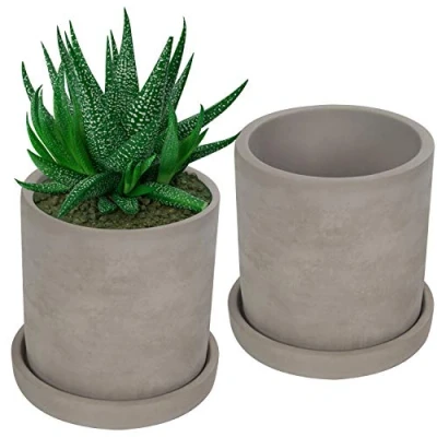 Image of BELLE VOUS 2 Pcs 10CM Plant Pots Indoor with Drain Hole Cement Succulent Planter Cactus Pot Small Removeable Saucer for Homes, Gift, Offices &amp; Windows