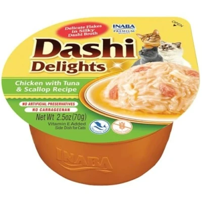 Image of INABA Dashi Delights: Chicken with Tuna &amp; Scallop Recipe (1 x 70g) / Bits in Broth Cat Food Topping, Rich Protein, Natural Ingredients, Delicious and Healthy