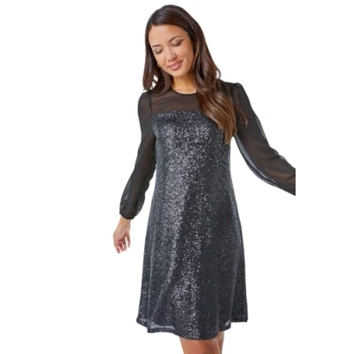 Image of Roman Originals Sequin Chiffon Sleeve Shift Dress for Women UK Ladies Everyday Holiday Autumn Winter Pull On Round Neck Long Sleeves Comfy Soft Vacation Work Black Size 12