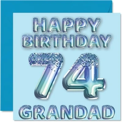 Image of 74th Birthday Card for Grandad Blue Glitter Party Balloons Happy Cards 74 Year Old from Grandson Granddaughter, 145mm x Bday Greeting Gift