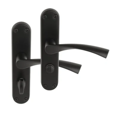 Image of HANDLEZONE® 1 Pair of Lobo Black Matt Bathroom WC Toilet Door Handle Set on Long Backplate, for Internal Doors