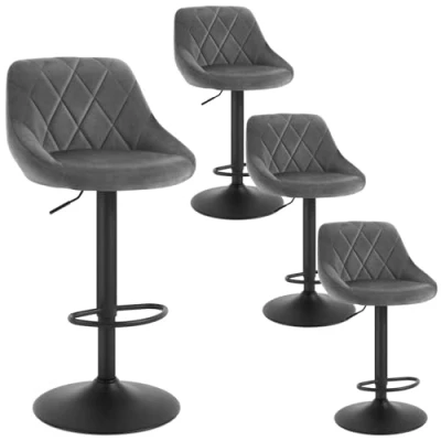 Image of WOLTU Bar Stools Dark Grey Chairs Breakfast Dining for Kitchen Island Counter Set of 4 pcs Velvet Exterior, Adjustable Swivel Gas Lift, Steel Footrest &amp; Base BH219dgr UK