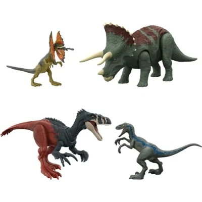 Image of Mattel ​Jurassic World Dominion Survival Instincts Dinosaur Toys Set of 4 Action Figures Blue, Dilophosaurus and Roar Strikers Megaraptor Pteranodon ​​, HJJ85