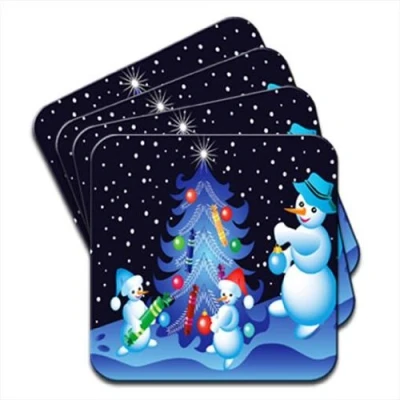 Image of Snowman Family Decorating Xmas Tree Set of 4 Coasters