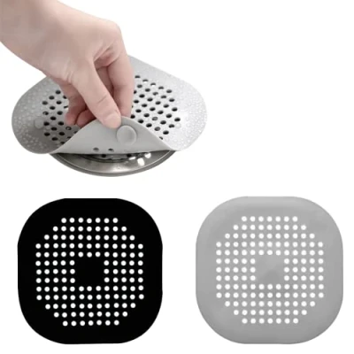 Image of Silicone Drain Protector, 2Pcs Protectors, Sink Filter, Strainers with Sucker, Shower Hair Catcher, Strainer for Kitchen, Bathroom, Bathtub(Black Grey)