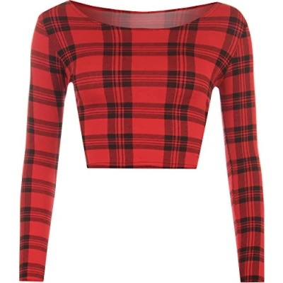 Image of Womens Crop Long Sleeve T Shirt Ladies Short Plain Round Neck Top Red Tartan 8 10
