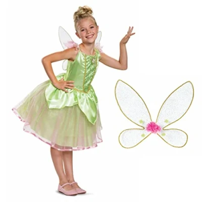 Image of Disney Official Deluxe Tinkerbell Costume Kids includes Wings, Fancy Dress Up Outfit, Green Fairy for Girls, Costumes Girls XS