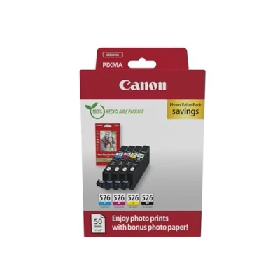 Image of Canon CLI 526 C M Y BK VALUE Pack of 4 cartridges (Black Cyan Magenta Yellow) + 50 sheets 10x15cm Photo Paper Genuine (Recycled Cardboard Multipack)