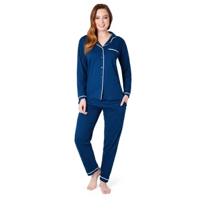 Image of Womens Pyjamas Set Classic Button Down Nightwear Long Sleeve &amp; Bottoms PJs Cosy Cotton Lounge Wear S XL Sleepwear Gifts for Her (Navy, XL)