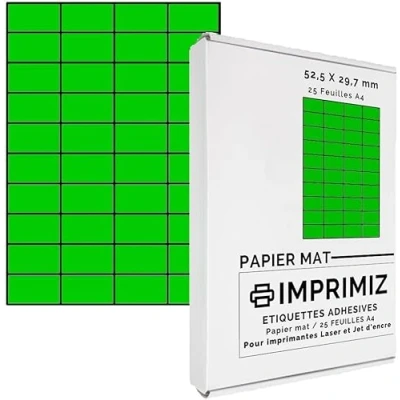 Image of Pack of 1000 Fluorescent Green A4 Sized Adhesive Labels, 52.5 x 29.7mm, 25 Sheets with 40 Labels on Each, For Laser and Inkjet Printing