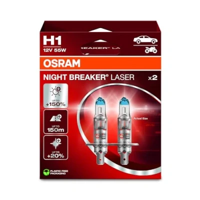 Image of OSRAM NIGHT BREAKER LASER H1, +150% more brightness, halogen headlight lamp, 64150NL 2HB, 12V, Hanging folding box (2 lamps), White