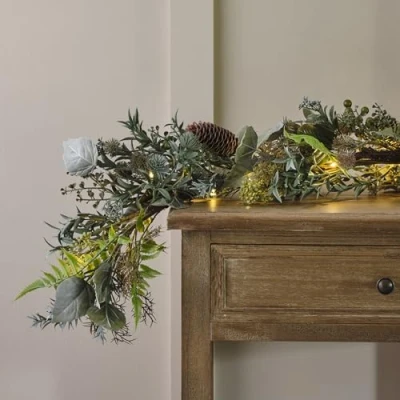 Image of Lights4fun 1.5m Artificial Pre Lit Realistic Christmas Autumn Winter Mixed Foliage Garland with Pinecone &amp; Berries Indoor Outdoor Decoration