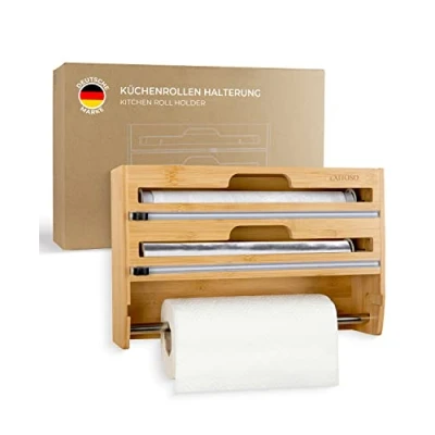 Image of EXITOSO 3 in 1 Foil Cutter Made of Bamboo Wall Roll Holder Kitchen Cling Film Dispenser Wooden Hanging Paper