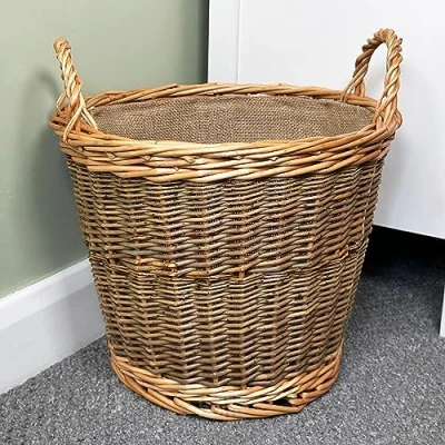 Image of Unpeeled Log Basket 33cm Lined Woven Wicker Brown Round Fireplace Storage With Handle