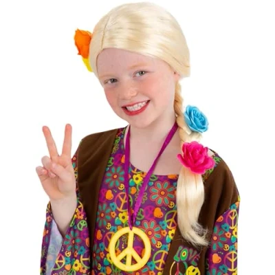 Image of Smiffys Princess/Hippie Long Plait Wig with Flowers, Girls Fancy Dress, Child Dress Up Wigs
