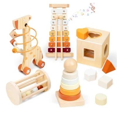 Image of Smartwo Wooden Baby Toys, Toddlers Montessori Game for 1 2 3 Years Old, Early Development &amp; Educational Activity, Kids Stacking Tower Xylophone Shape Sorter Bead Maze, 1st Birthday Gifts Girl Boy