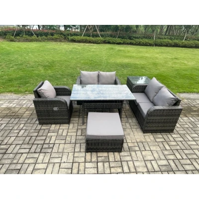 Image of Lounge Rattan Sofa Set Outdoor Garden Furniture Oblong Rectangular Dining Table With Chairs Big Footstool Side Dark Grey Mixed Fimous