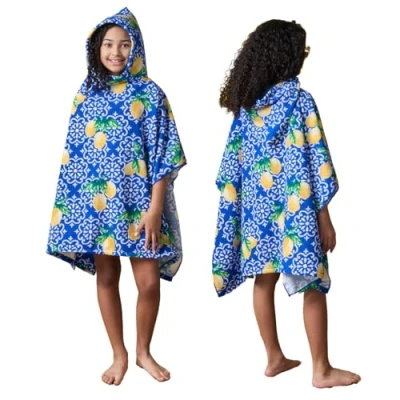 Image of Dreamscene Poncho Towel For Kids, Soft Absorbent Beach Changing Robe Boys &amp; Girls Stylish Lemon Print Hooded Quick Dry Lightweight Swimming Towel, Blue