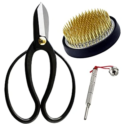 Image of Wazakura 3PCS Japanese Ikebana Essential Tool Set Made in Japan, Floral Arrangement Kit [ Koryu Scissors + 61mm Round Brass Kenzan Flower Pin Holder Care ]