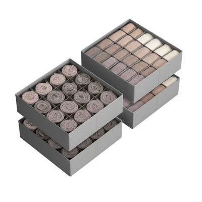 Image of SONGMICS Set of 4 Drawer Organisers, 80 Compartments (2x16+2x24), Foldable Closet Organiser, 30 x 10 cm, Boxes for Socks, Underwear, Belts, Dove Grey RUS011G01