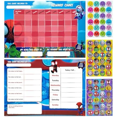 Image of Spidey &amp; Friends Kids Reward Emotion Charts Wipe Clean with Pen Stickers for Children Age 3+