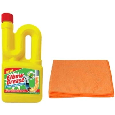 Image of Elbow Grease Drain Unblocker 750 ml Effective For Sinks, Baths, Showers Stubborn Blockages with Ultra Absorbent Microfibre Cleaning Cloth