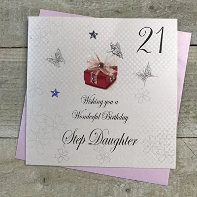 Image of white cotton cards Wishing You a Wonderful Step Daughter, Handmade 21st Birthday Card (Red Present)