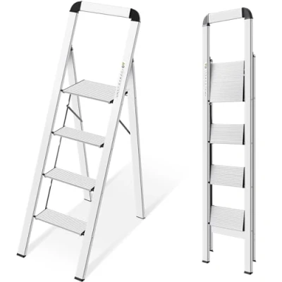 Image of KINGRACK Step Ladder, 4 Steps, Folding Ladder with Handrail, Non Slip Household Safety, Aluminium Stool, Maximum Load 150 kg, Silver