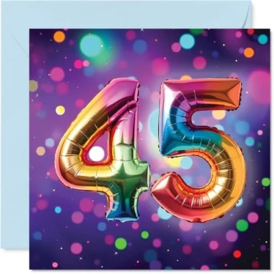 Image of 45th Birthday Cards for Women Men Rainbow Foil Balloon Happy Card 45 Year Old Woman Man Uncle Colleague Brother Auntie, 145mm Bday Greeting