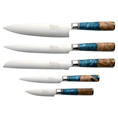 Image of Katana Elements 6 Piece Kitchen Knife Block Set, Ocean Blue, VG 10 Damascus Steel with Olivewood and Resin Handle