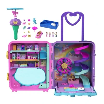 Image of Polly Pocket Pollyville, Resort Roll Away Playset with Rolling Wheels, 5 Play Areas, 4 Dolls, 1 Vehicle, 30 Toy Accessories, Toys for Ages and Up, HKV43