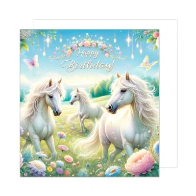 Image of Edition Seidel Premium Square Birthday Card with Envelope. Greeting Happy For Her Friend Daughter Girl Niece Children Kids Horses Fairy Tales (GQ268 SW024)