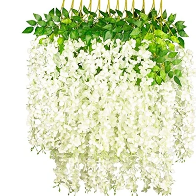 Image of 12 Pcs Artificial Wisteria Flowers Garland, 3.6 FT Silk Fake Hanging Vine for Indoor Outdoor Home Garden Christmas Wedding Party Decoration (White)