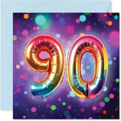 Image of 90th Birthday Cards for Men Women Rainbow Foil Balloon Happy Card 90 Year Old Man Woman Nan Grandma Nanny Auntie, 145mm Bday Greeting
