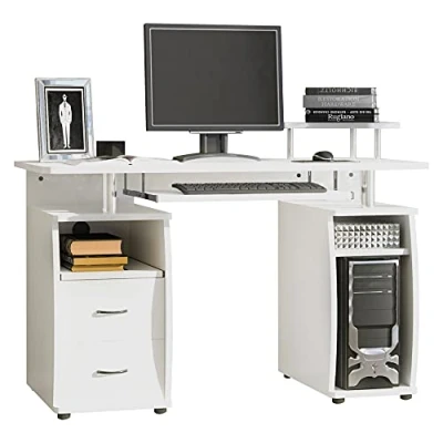 Image of HOMCOM Computer Desk Office PC Table Workstation with Keyboard Tray, CPU Shelf, Drawers, Sliding Scanner White 120 x 55 cm