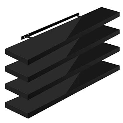 Image of WOLTU High Gloss Floating Shelves,Set of 4 Wall Shelf,CD DVD Storage Corner Shelf, Premium Wooden Shelves for Bedroom LivingRoom kitchen 110x22.9x3.8cm, Black, RG9483sz