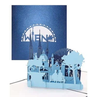 Image of Greeting card Vienna, panorama with a Ferris wheel, 3D pop up Vienna skyline, city as souvenir, invitation and travel voucher for trip to Austria, holidays