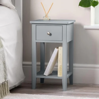 Image of CHRISTOW Slim Grey Bedside Table With Drawer &amp; Shelf, Modern Narrow Bedroom Nightstand, Wooden MDF Side End Stand for Living Room Hallway Sofa, Brushed Chrome Handle (H57cm x W32cm D32cm)