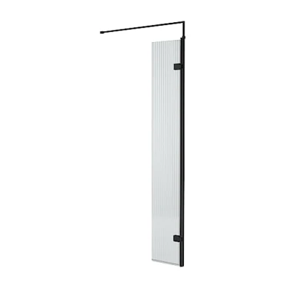 Image of nuie WRFL18530BP Fluted Modern Bathroom 8mm Toughened Safety Glass Hinged Return Screen with Support Bar, 300mm, Black