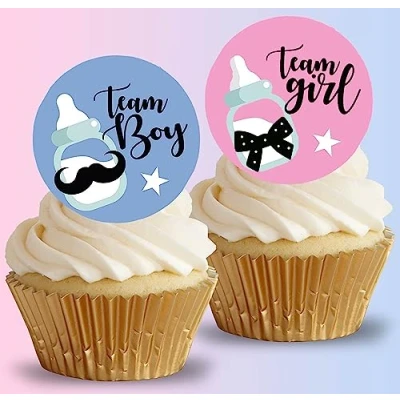 Image of 24 x Pre Cut Gender Reveal 2 Edible Stand up Wafer/Rice Paper Cupcake Cake Dessert Toppers Party Boy or Girl Baby Shower Decorations (Gender 2)