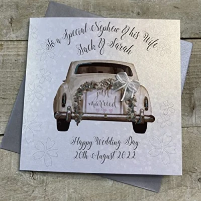Image of WHITE COTTON CARDS PERSONALISED WEDDING CARD. ANY RELATION. NEPHEW &amp; WIFE. VINTAGE CAR DESIGN. Handmade (P18 1 NEP XP18 NEP)