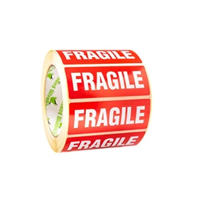 Image of OliveBird 1,000 x Fragile Stickers White On Red 90x35mm 1,000pcs./ Roll with Text Label