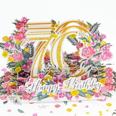 Image of Three Dee Cards Happy 70th Birthday Pop up Greeting Card, 3D For Wife Husband Partner Mum Dad Grandad Grandma Sister Brother Friend Her Him Seventieth