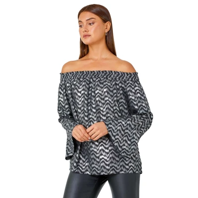 Image of Roman Originals Bardot Top Off Shoulder Blouse for Women UK Ladies Floral Print Shirt Palm Leaf Tropical Ditsy Cold Jersey Frill Cuff Summer Spring Holiday Silver Size 12