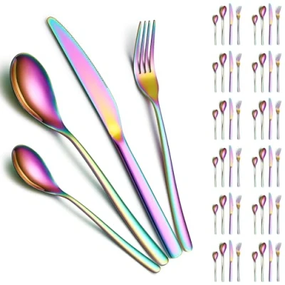 Image of Cutlery Sets 48 Pieces Service for 12, ReaNea Rainbow Titanium Plating Flatware Set Include Dinner Knives, Spoons, Forks, Teaspoons, Dishwasher Safe