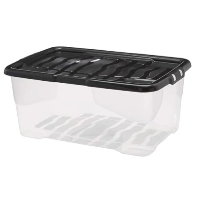 Image of Strata 4 x 42 Litres Curve Plastic Stackable storage box &amp; Lid with clip on lids, Multi for home and office solution Clear/Black